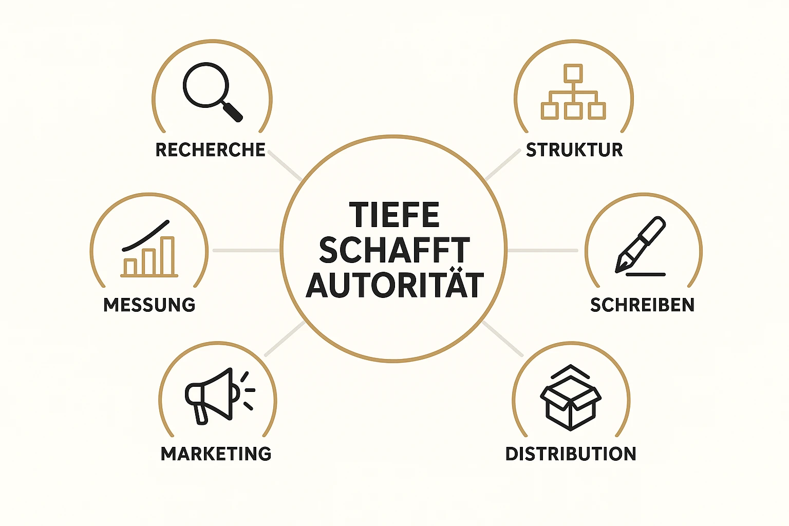Diese Grafik erläutert ein strategisches Framework für Autoren und Verlage, um durch systematische Tiefe langfristige Autorität und Wettbewerbsvorteile zu sichern.