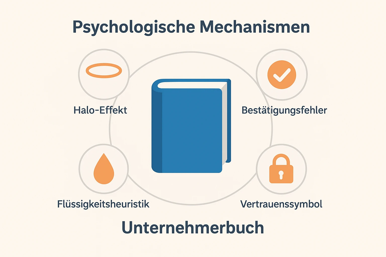 Diese Grafik zeigt die zentralen kognitiven Verzerrungen, die in einem Unternehmerbuch wirken und die Autorität des Autors unbewusst stärken.