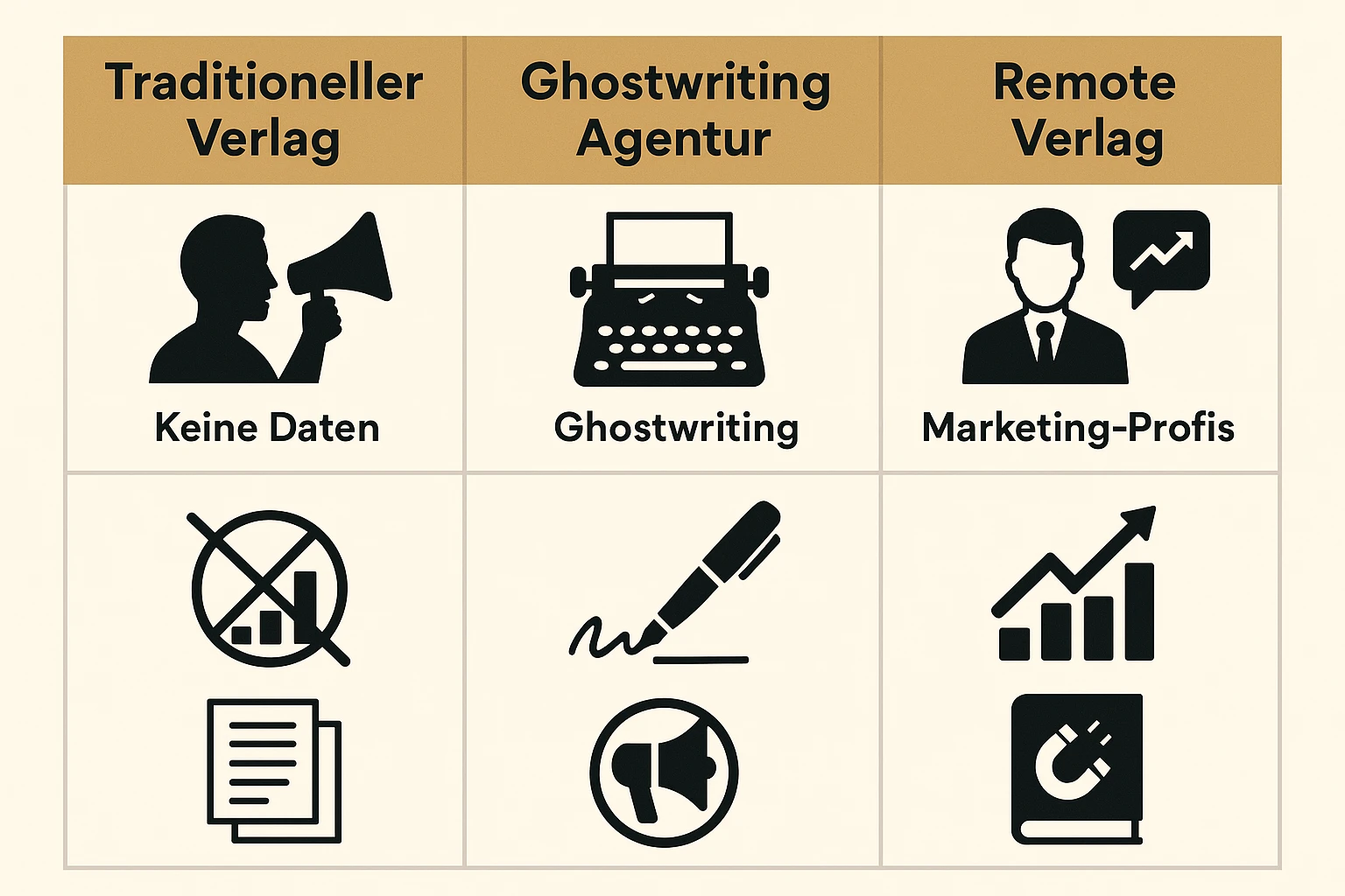 Dieses Vergleichsbild illustriert die unterschiedlichen Marketingfähigkeiten und Wertversprechen traditioneller Verlage, Ghostwriting-Agenturen und Remote Verlag.