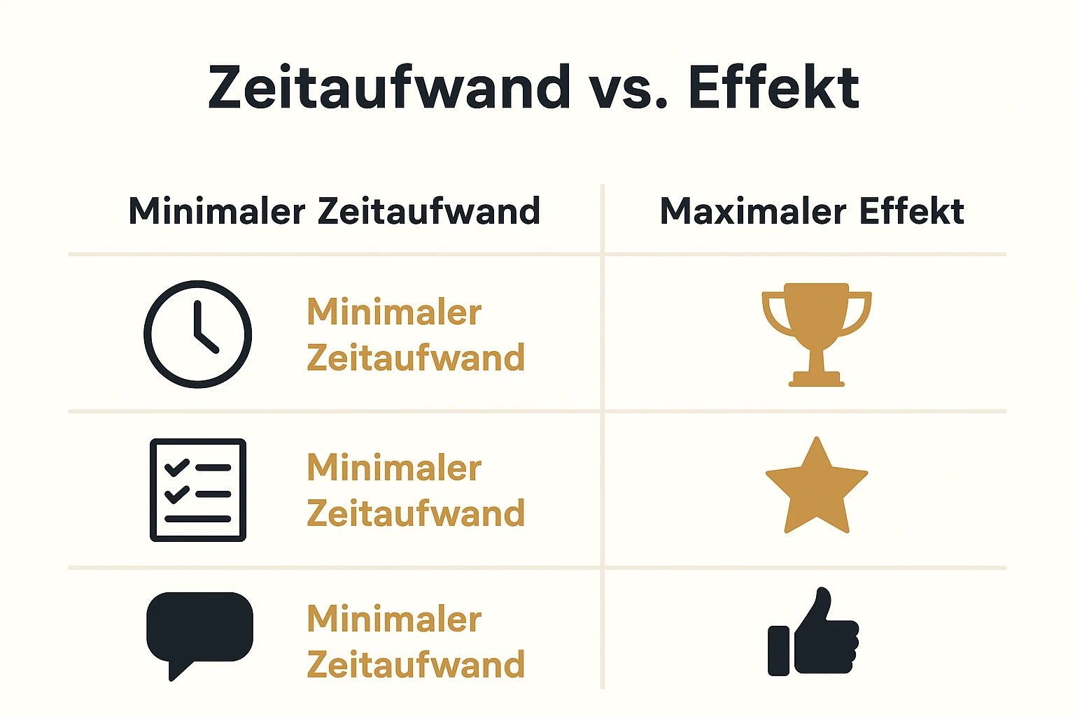 Diese Gegenüberstellung verdeutlicht, wie wenig Zeit der Unternehmer investiert und dennoch maximale Resultate erzielt.