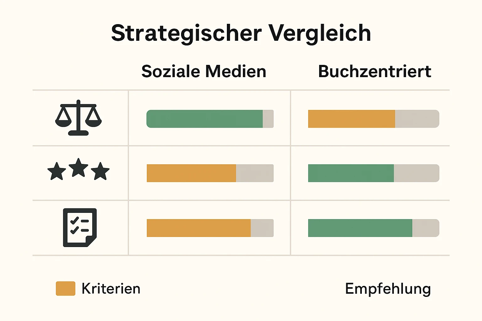 Direkter Vergleich: Soziale Medien versus buchzentrierter Ansatz. Vier Kriterien zeigen klar, wo das Buch als Glaubwürdigkeitsanker Vorteile bringt.