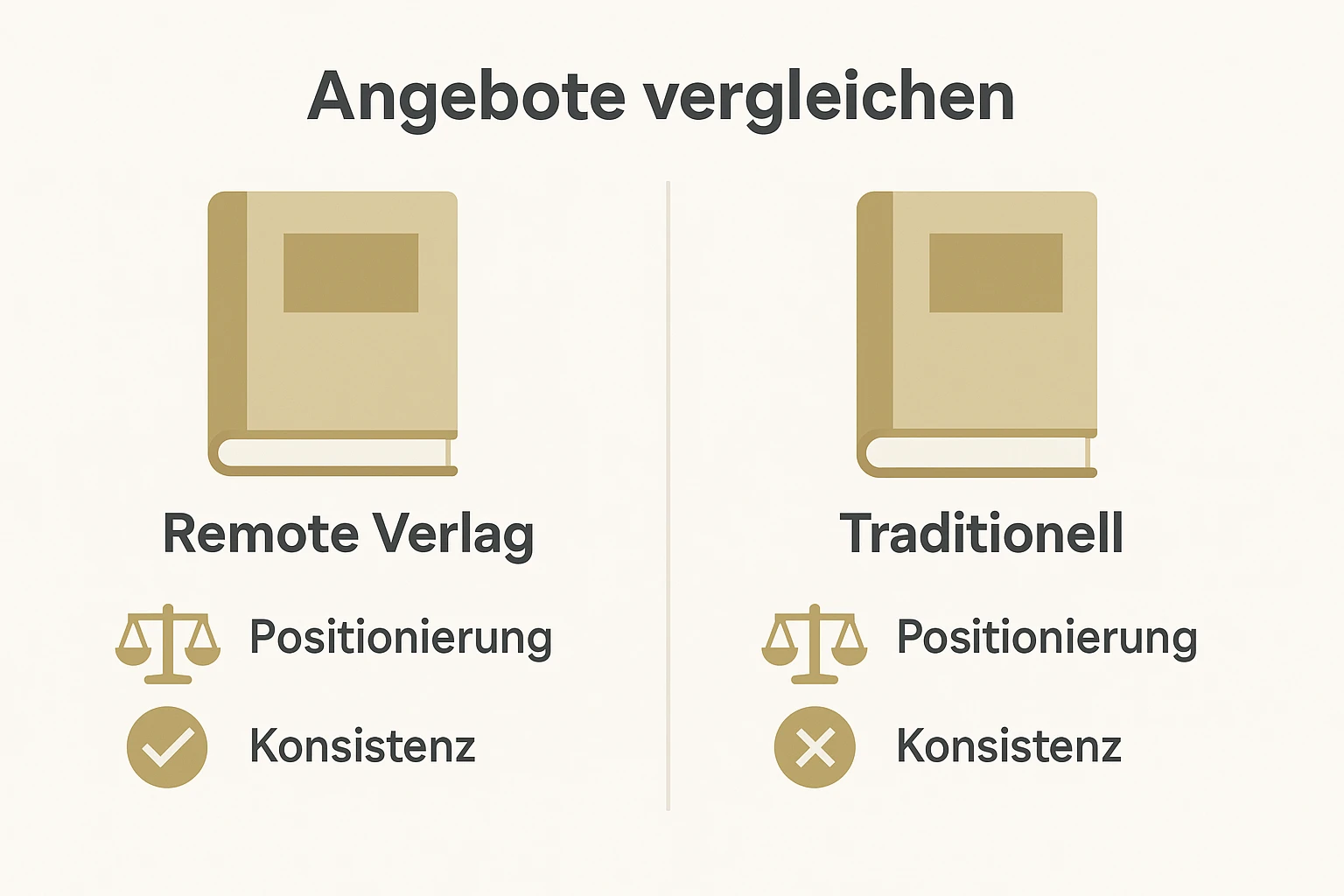 Direkter Gegenüberstellung-Überblick: Remote Verlag versus traditioneller Verlag anhand Positionierung und Marken­konsistenz für Autoren. Hilft schnell zu entscheiden.