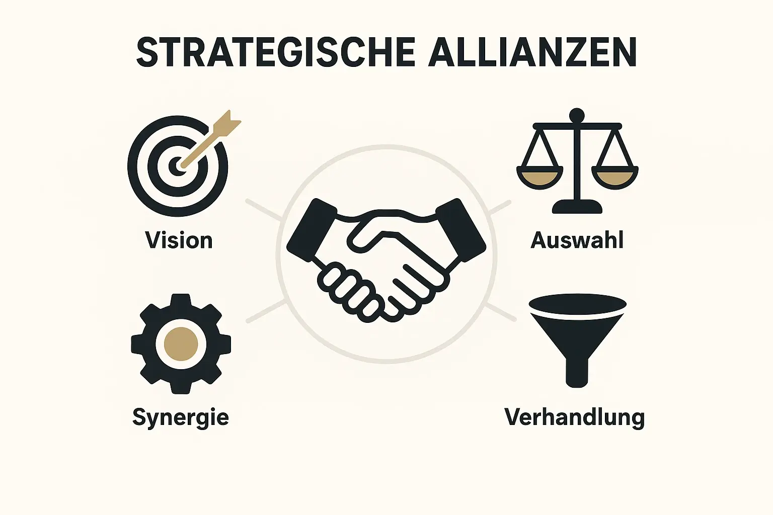Dieses Bild zeigt die zentralen Elemente für erfolgreiche strategische Allianzen, gestützt durch gezielte Auswahl und Verhandlung.