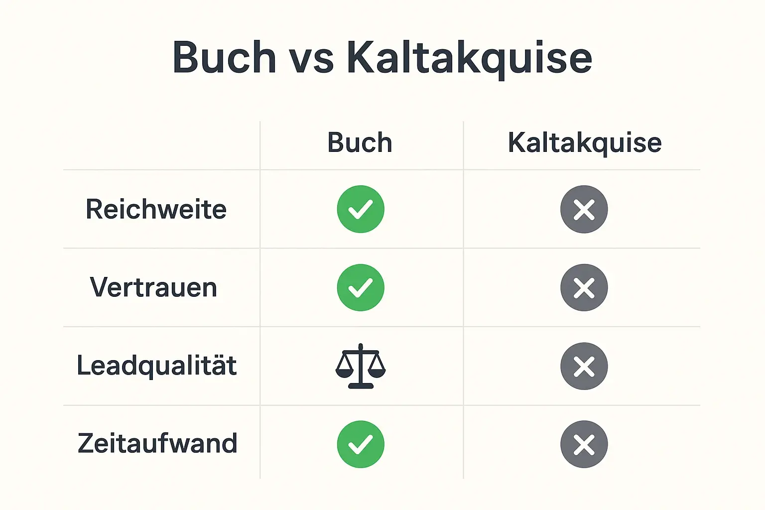 Vergleichsübersicht: Zeigt auf einen Blick, wie ein Expertenbuch gegenüber Kaltakquise in Reichweite, Vertrauen, Leadqualität und Zeitaufwand abschneidet.