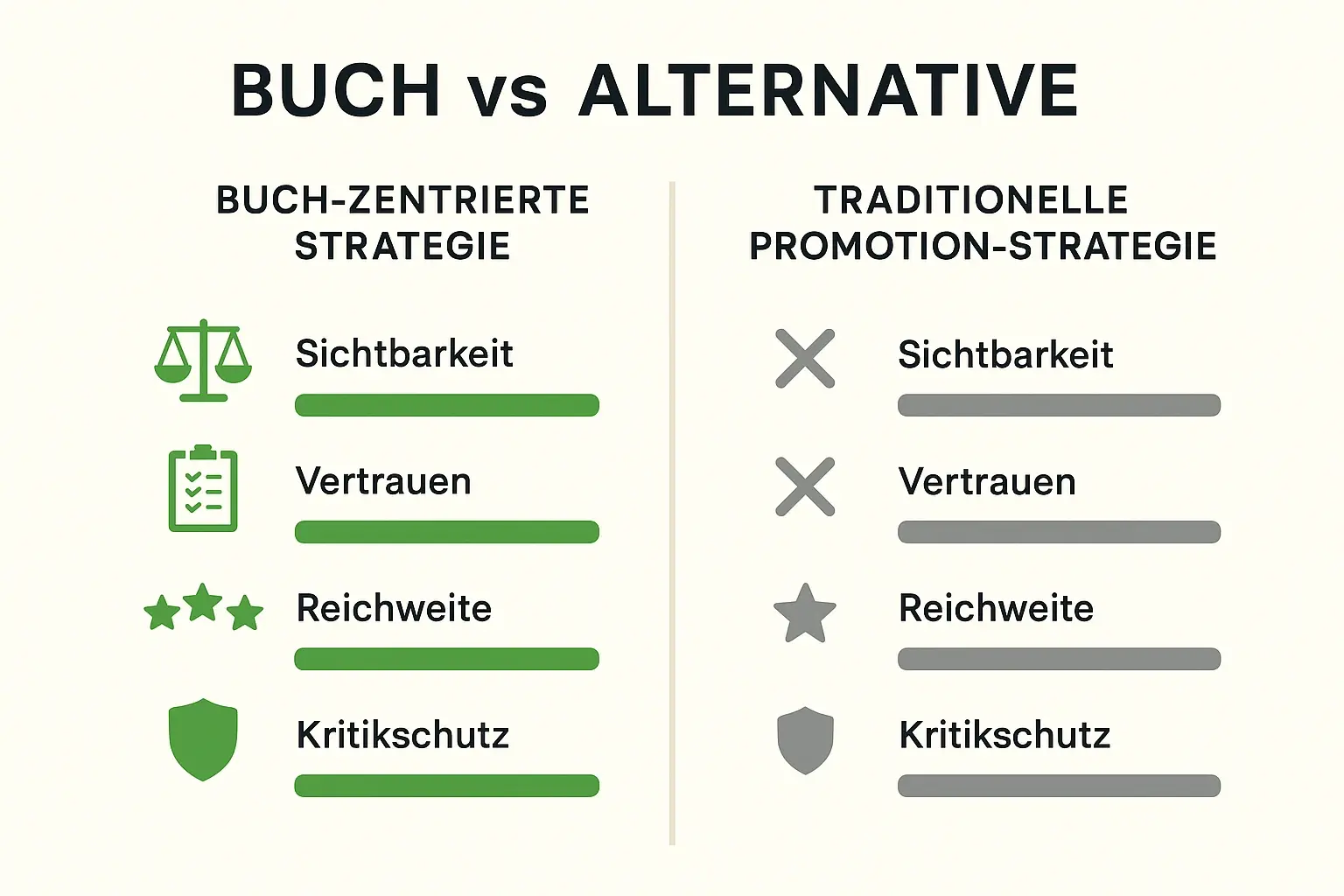 Gegenüberstellung: Dein Buch als Kernelement gegenüber traditioneller Promotion — schnell erkennen, welche Strategie mehr Sichtbarkeit, Vertrauen und Reichweite liefert.