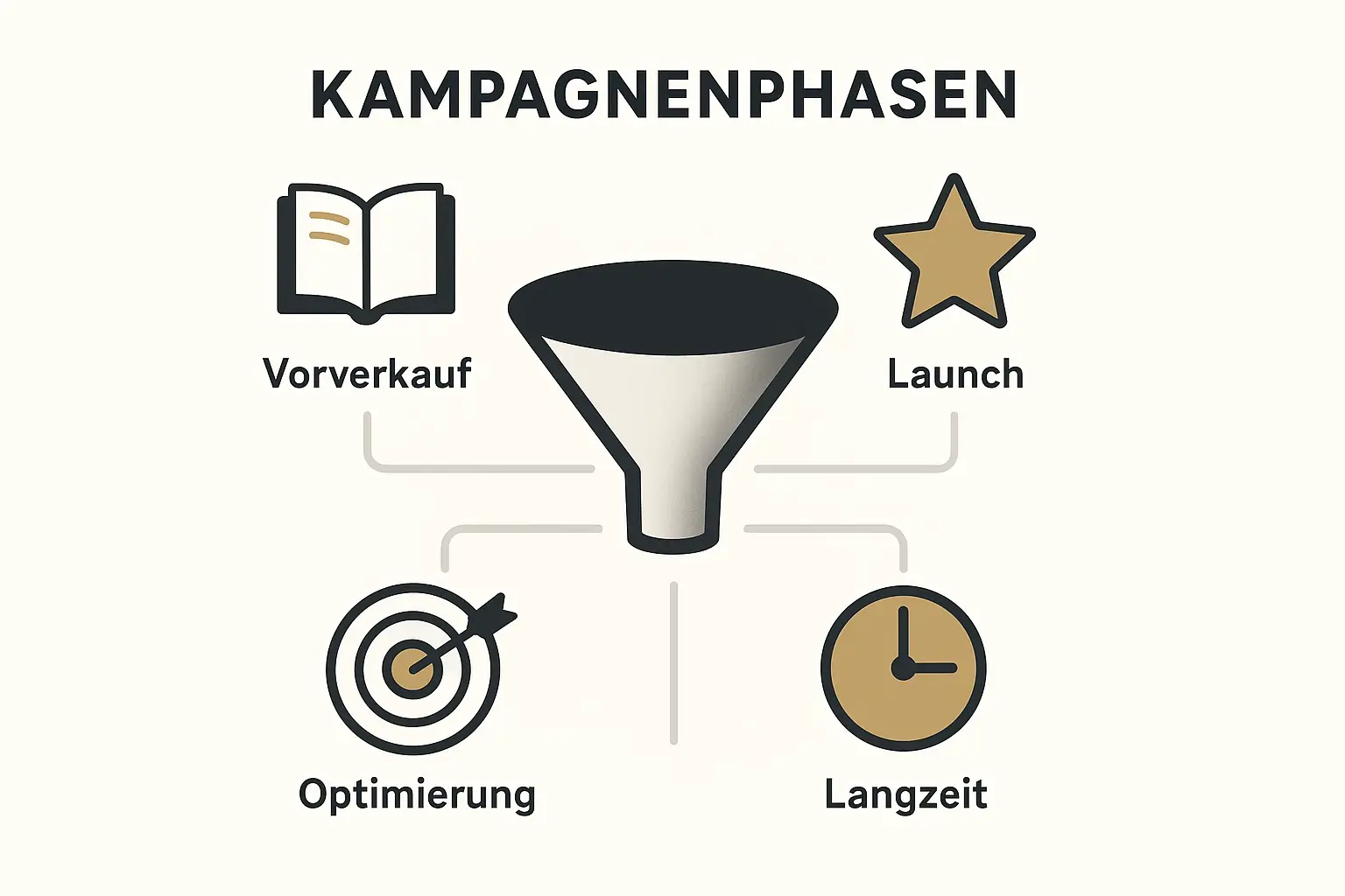 Dieses Bild zeigt die wichtigsten Kampagnenphasen und ihre Rolle im Amazon Ads Timing für Buchlaunch und nachhaltige Sichtbarkeit.