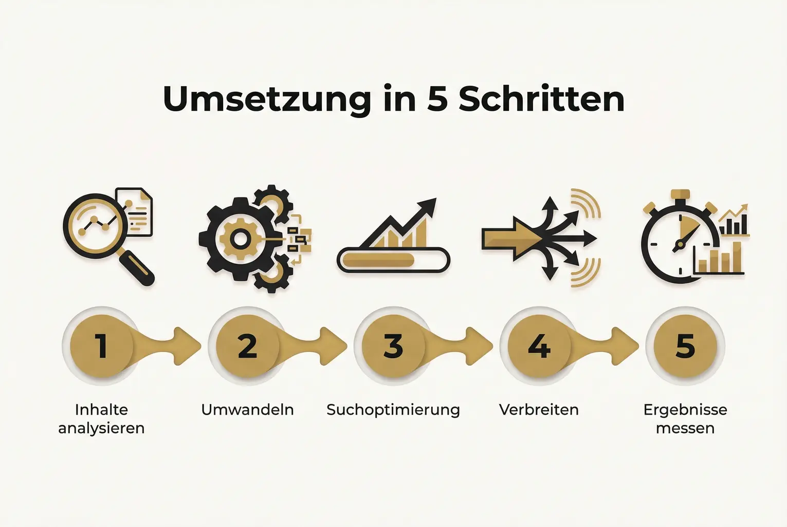 Eine Infografik zeigt einen 5-Schritte-Prozess zur Erstellung von Evergreen-Content aus einem Buch: 1. Buch-Assets analysieren, 2. In neuen Content umwandeln, 3. Für SEO optimieren, 4. Content promoten, 5. Erfolg messen.