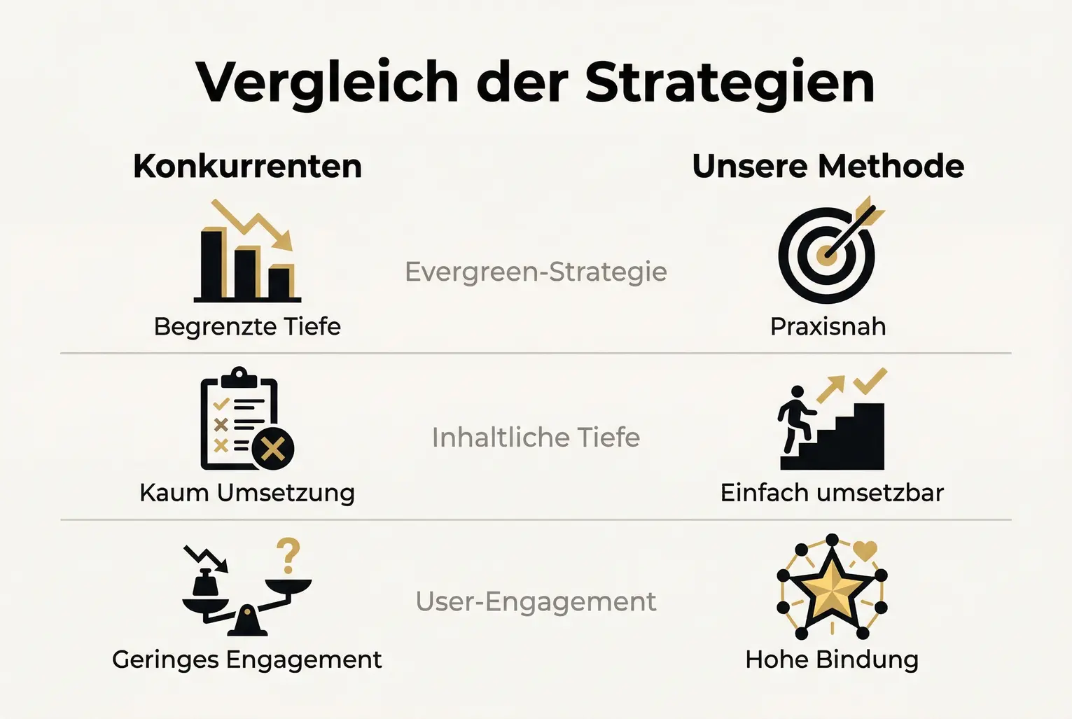 Eine Vergleichsgrafik stellt die Schwächen der Wettbewerber (Amazon, Thalia) im Bereich Evergreen-Content dar und hebt die Stärken der hier vorgestellten Strategie hervor: Praxisorientierung, MOFU-Mehrwert und strategische Content-Nutzung.