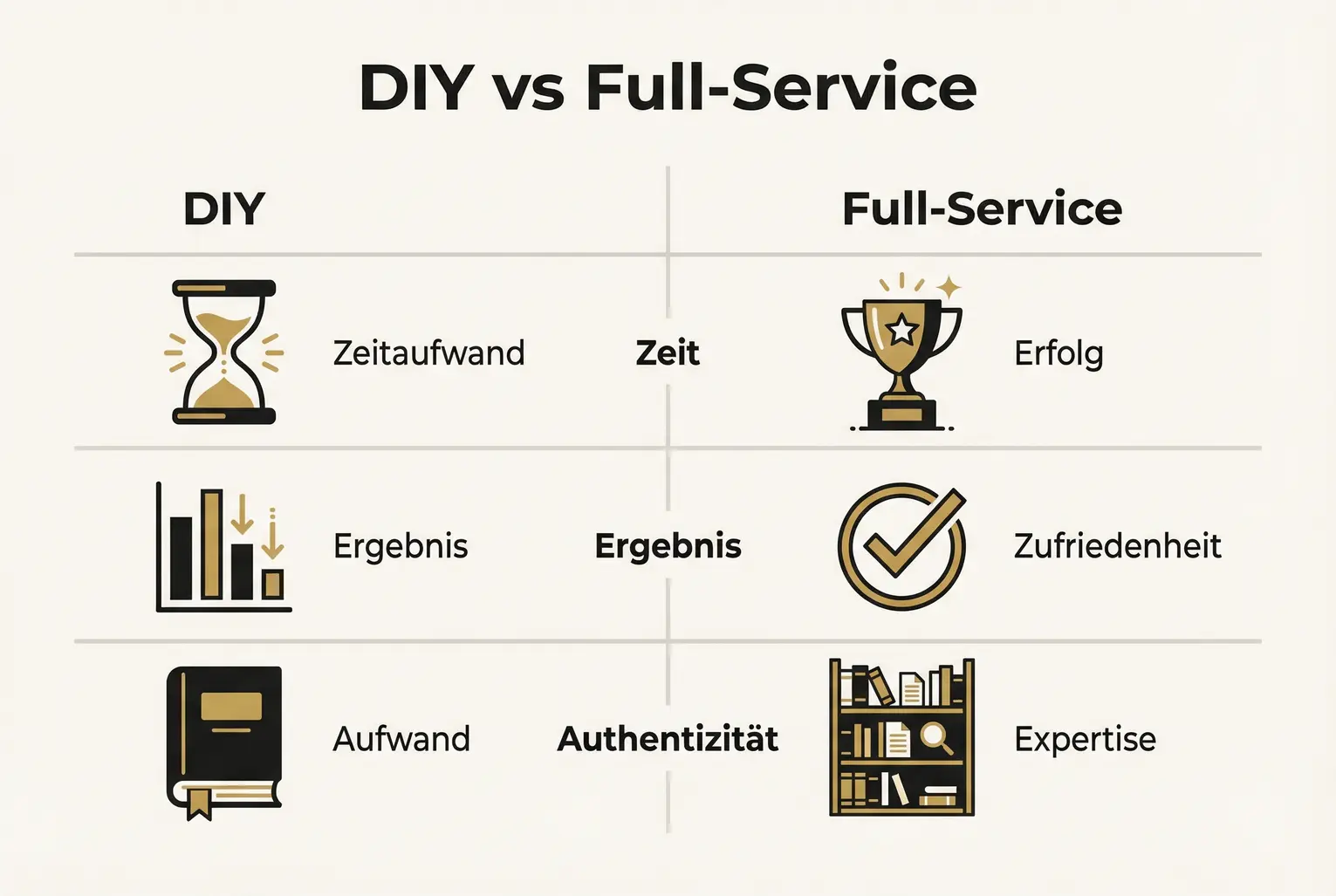 Zweistufiger Vergleich zeigt klar, wie der Full-Service-Ansatz Zeit spart, bessere Ergebnisse liefert und die Authentizität wahrt — ideal für Entscheidungsphase.