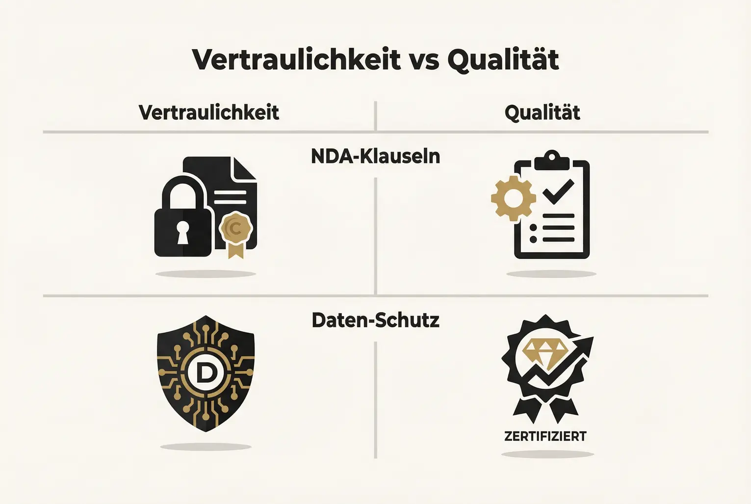 Kerngegenüberstellung: Wichtige Vertraulichkeitsaspekte und Quality-Checks, um rechtliche Risiken und Qualitätsmängel beim CEO-Ghostwriting zu minimieren.