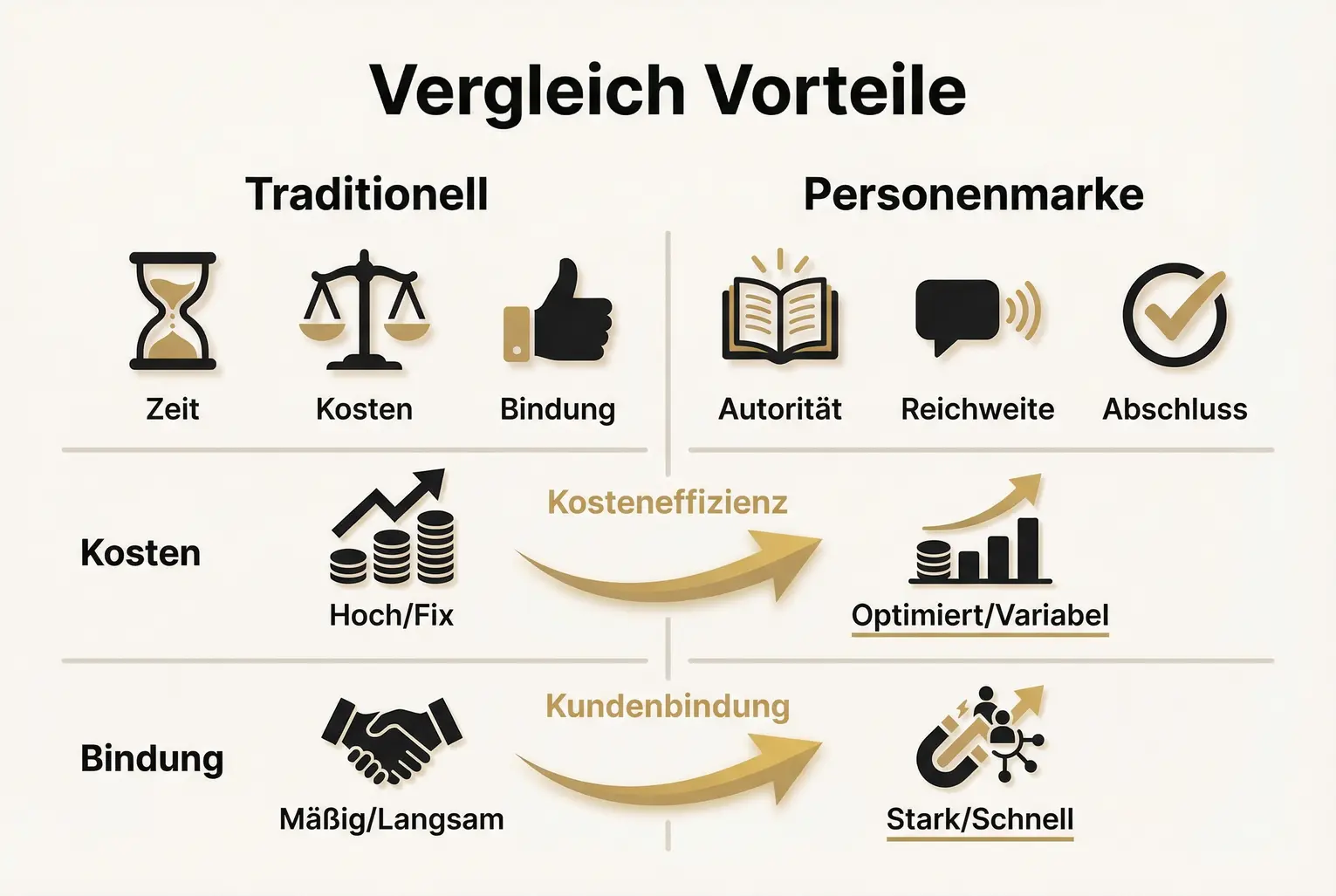 Direkter Vergleich: zeigt, wie Personenmarken Zeit- und Kostenaufwand senken und die Bindung verbessern — relevante Argumente für Investitionen in Markenbildung.