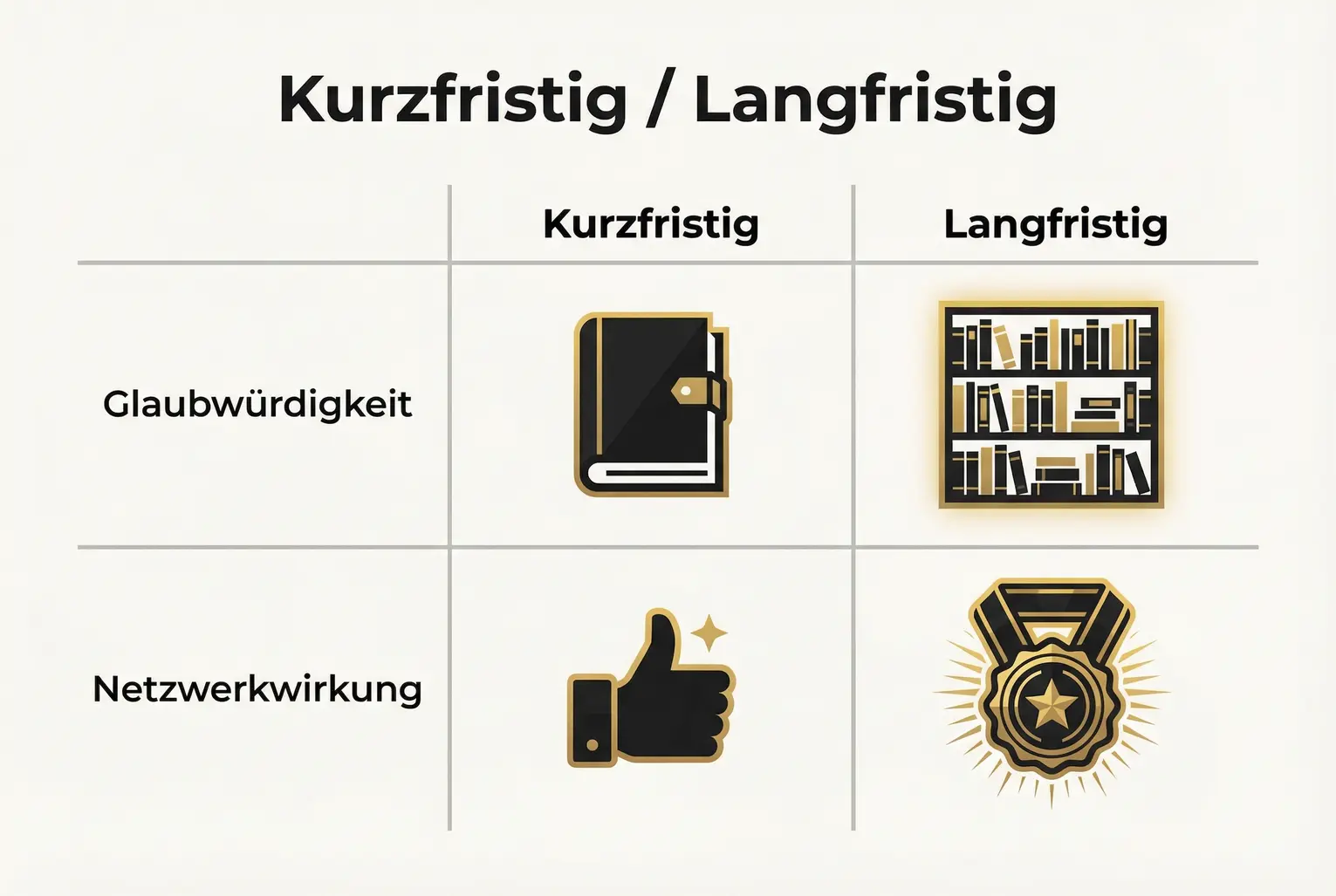 Vergleich: Kurzfristige Effekte vs. langfristiger Nutzen eines Buches — wie Publikation Glaubwürdigkeit und Netzwerkwirkung langfristig stärkt.