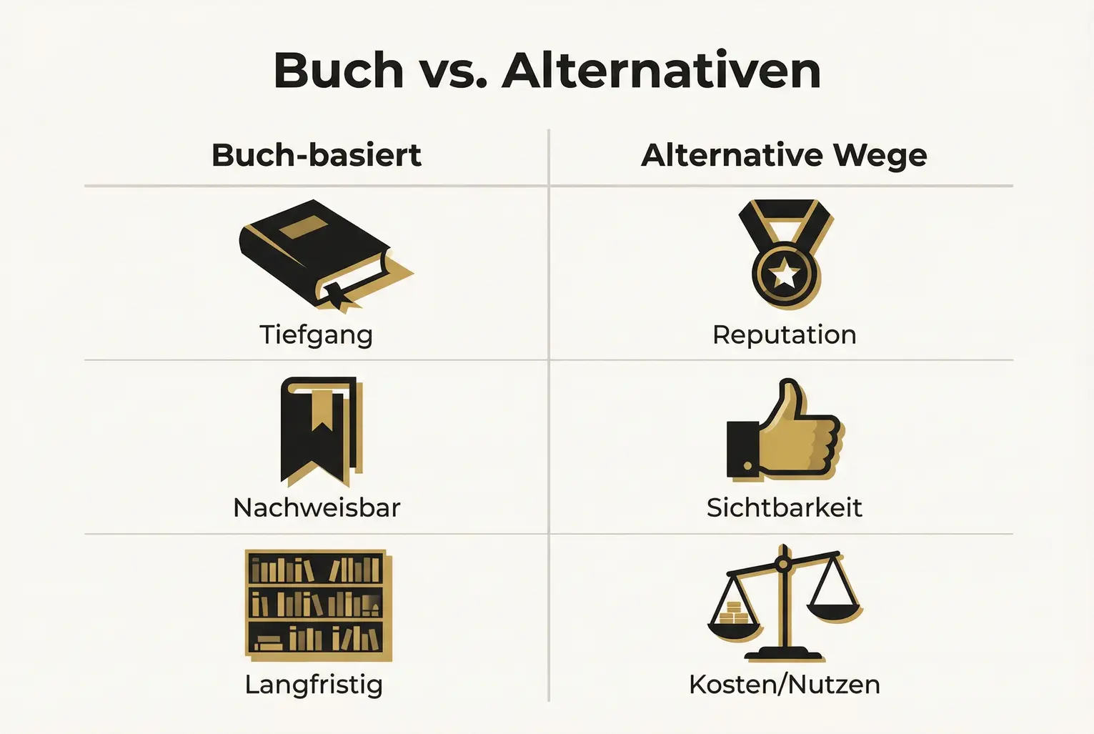 Eine Vergleichsgrafik zeigt die strategischen Vor- und Nachteile eines Buches als langfristiges, nachweisbares Instrument gegenüber kurzfristigen Alternativen, mit einem Fokus auf ROI und Glaubwürdigkeit.