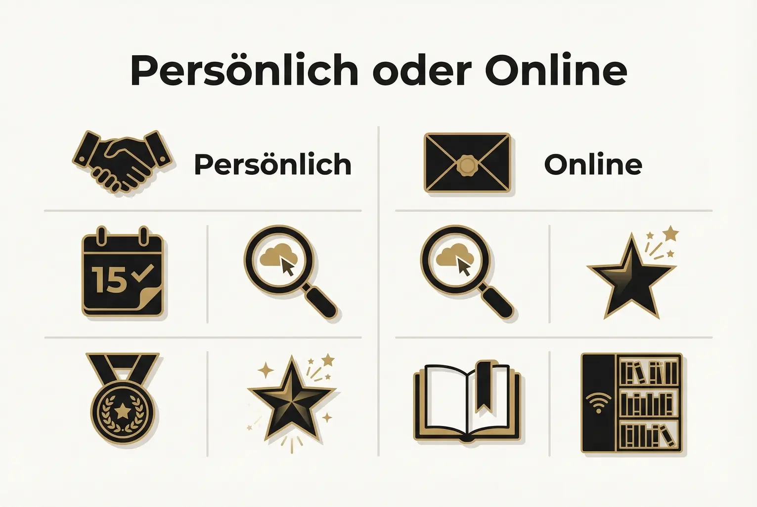 Vergleich zeigt komprimiert Vor- und Nachteile persönlicher und Online-Ansprache: Icons machen Einsatzfelder und Wirkungen sichtbar.