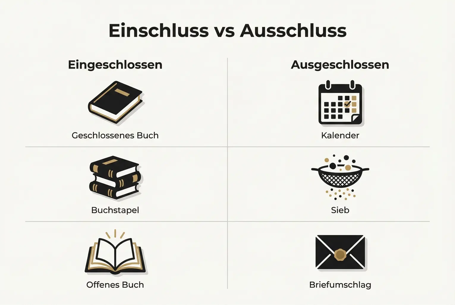 Klare Gegenüberstellung typischer eingeschlossener Buchformate gegenüber ausgeschlossenen Sonderformen wie Kalender, Loseblattsammlungen und Postkartenbüchern.