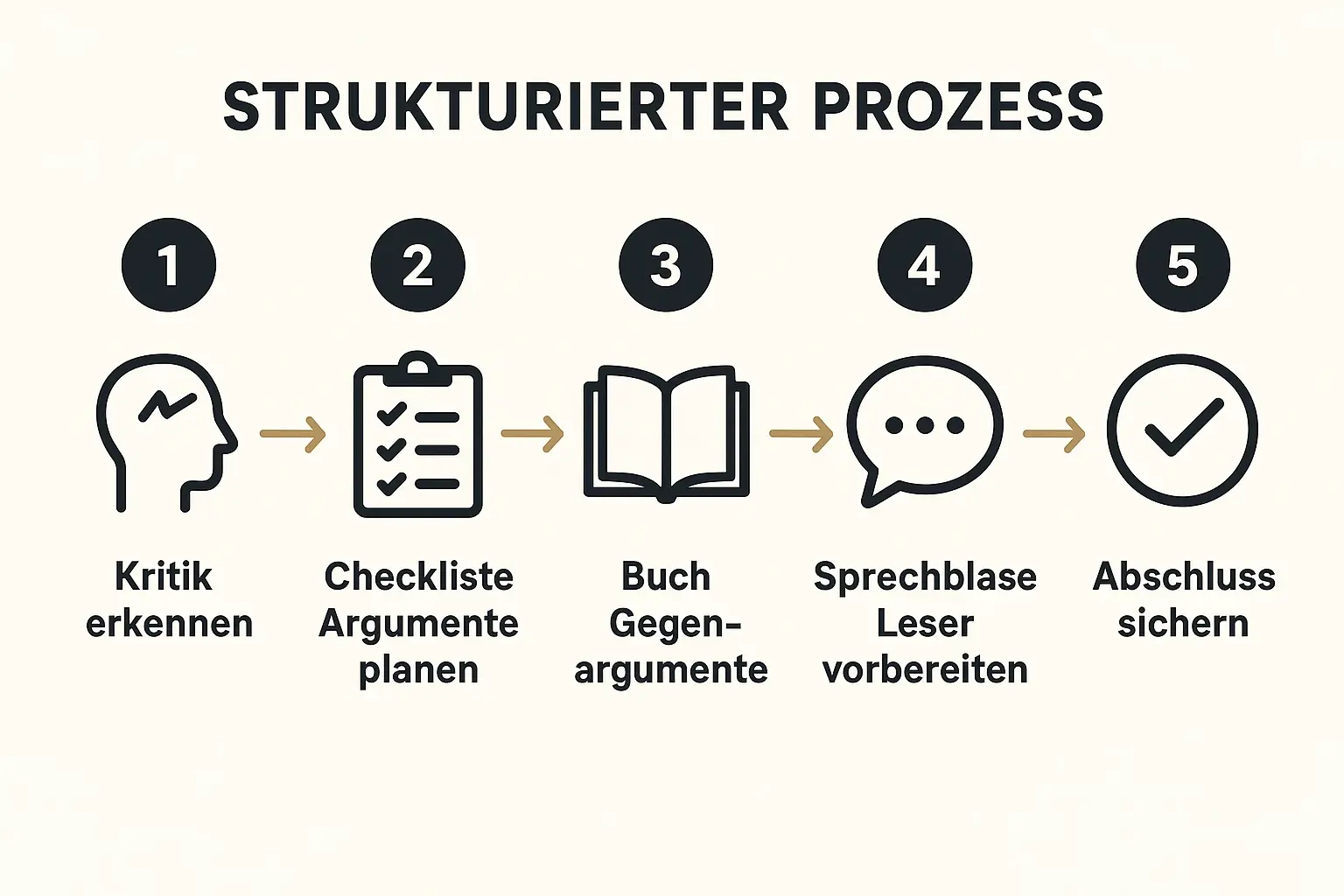 Dieses Bild zeigt die fünf Schritte, wie Autoren Kritik erkennen, Argumente planen und so im Buch Stärken aufbauen.