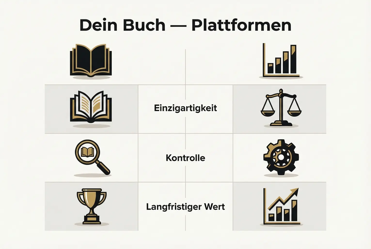 Kompakter Vergleich: Zeigt, warum ein eigenes Buch strategische Vorteile gegenüber standardisierten Plattform-Angeboten bieten kann.