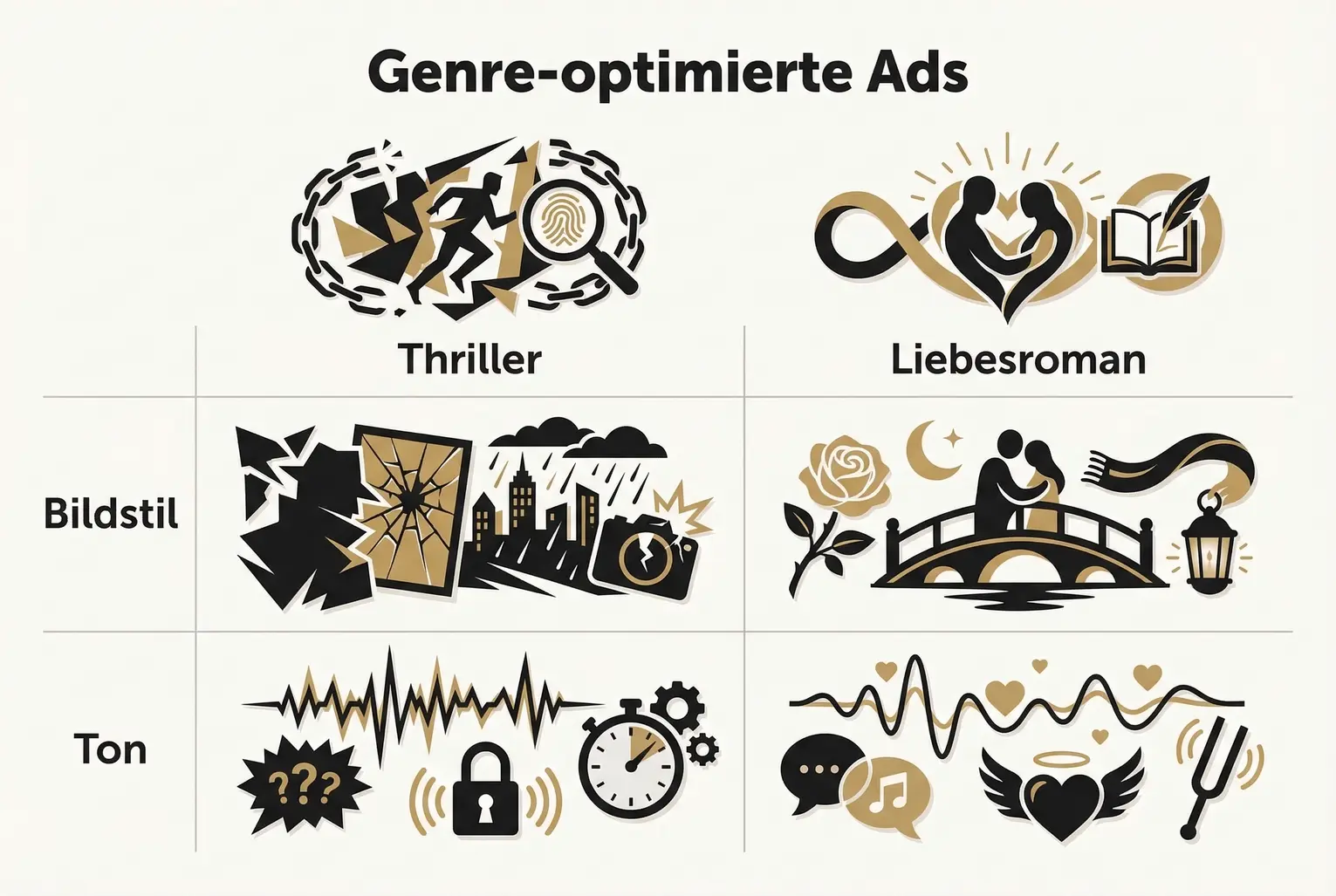 Eine Gegenüberstellung von Werbeanzeigen für einen Thriller und einen Liebesroman. Die Thriller-Anzeige nutzt dunkle, dramatische Bilder und spannungsgeladenen Text. Die Liebesroman-Anzeige verwendet helle, warme Bilder und emotionalen Text, um die unterschiedliche Kaufpsychologie anzusprechen.