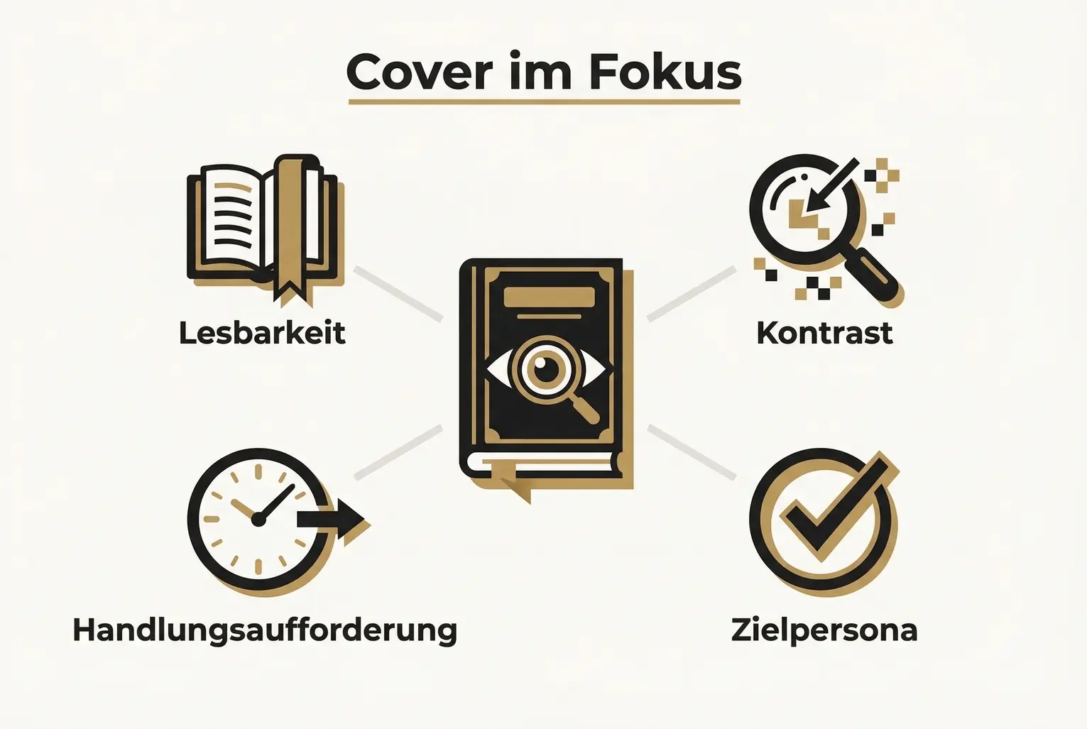 Ein Schaubild, das die vier Kernelemente einer erfolgreichen Buchanzeige auf Meta zeigt: Lesbarkeit, Kontrast, Zielgruppenfokus und ein klarer Call-to-Action, die alle auf das Buchcover zentriert sind.