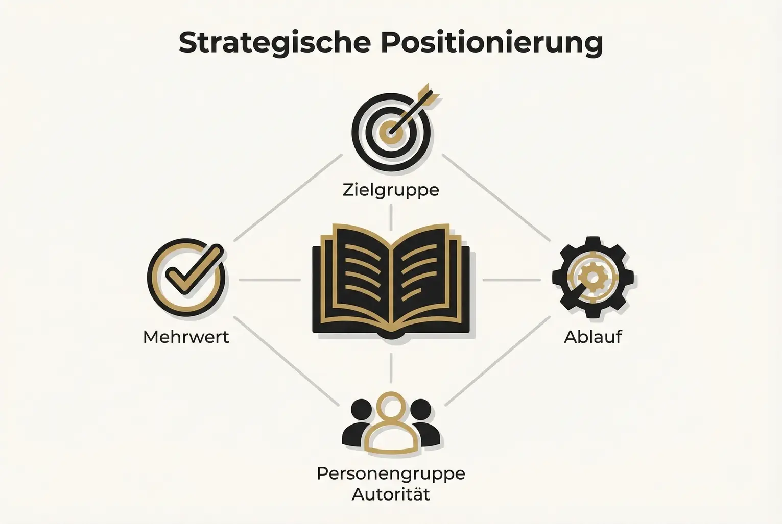 Visuelle Darstellung des strategischen Frameworks: Wie ein Buch als Zentrum dient, das Zielgruppe, Prozess, Autorität und Mehrwert verbindet.