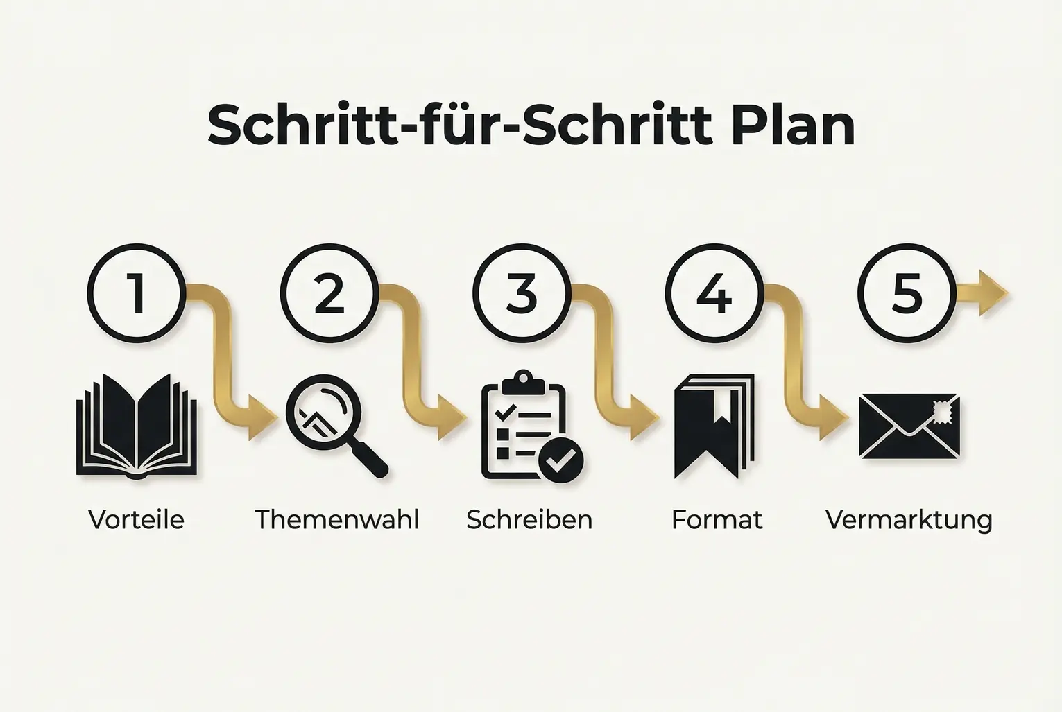Klare Schritt-für-Schritt-Visualisierung: Vom Nutzen eines Buchs bis zur Vermarktung, ideal für Lernpfade und Checkpoints.