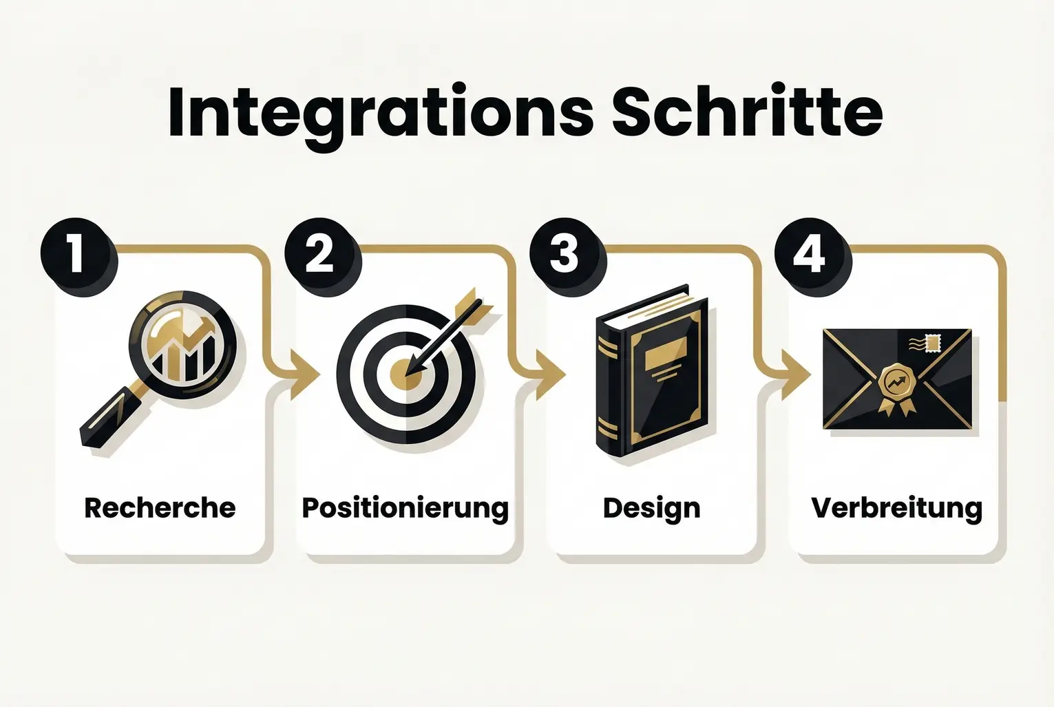 Eine Infografik zeigt einen vierstufigen Prozess: Recherche, Positionierung, Design und Verbreitung als klaren Ablauf zur Integration eines Buches in eine Marke.