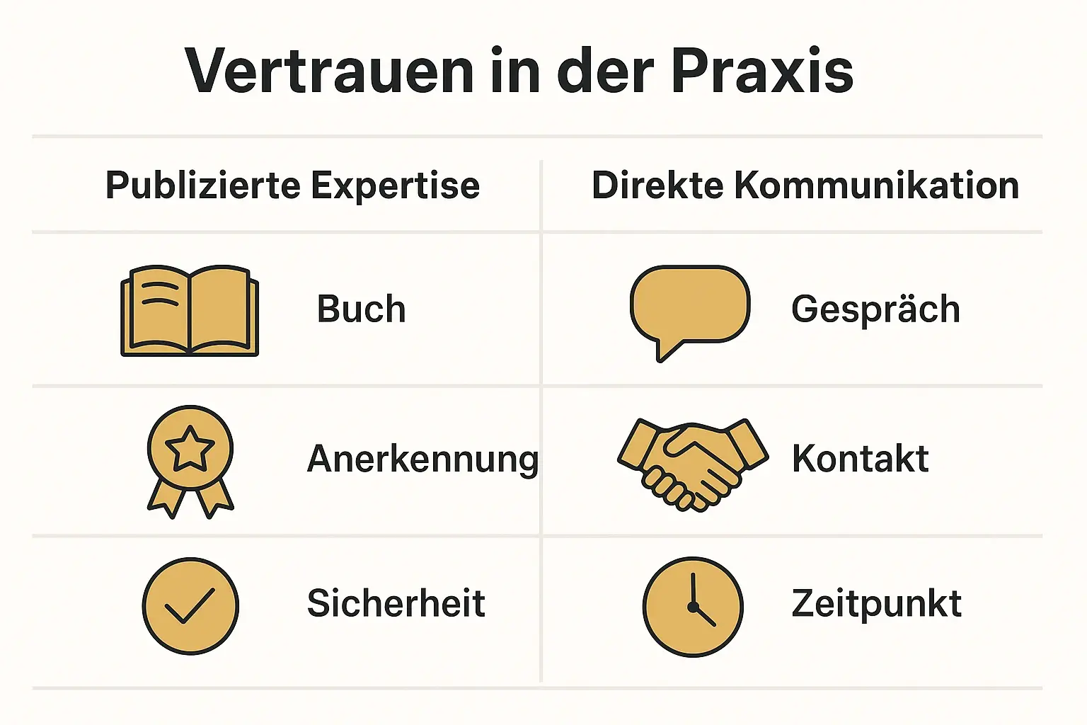 Die Gegenüberstellung verdeutlicht die jeweiligen Vorteile von publizierter Expertise und persönlichem Kontakt im Vertrauensaufbau.