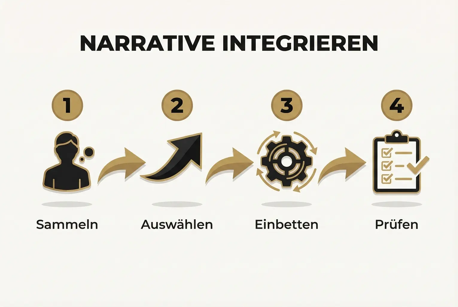 Ein klarer, vierstufiger Prozess führt Autorinnen und Autoren durch Sammeln, Auswahl, Einbettung und Prüfung von persönlichen Narrativen in Sachbüchern.