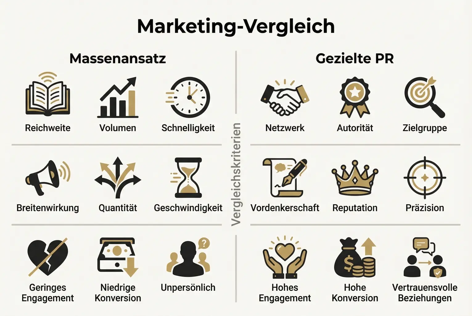 Gegenueberstellung der beiden Marketingansätze anhand zentraler Kriterien, damit Autoren fundierte Entscheidungen fuer ihre Buchvermarktung treffen koennen.