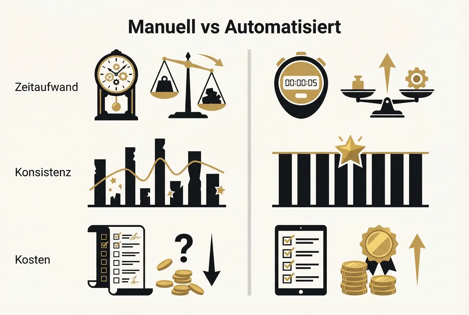 Gegenueberstellung: Die wichtigsten Entscheidungskriterien — Zeit, Konsistenz und Kosten — im Vergleich zwischen manueller und automatisierter Content-Produktion.
