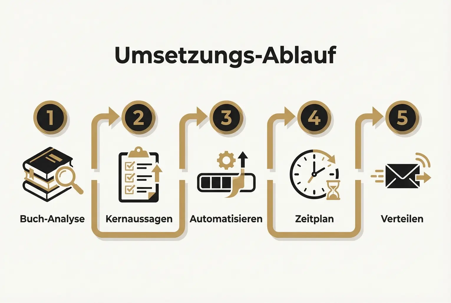 Konkretisierter Ablauf: Fünf Schritte vom Buch zur automatisierten Verteilung — Analyse, Extraktion, Automatisierung, Zeitplanung und Veröffentlichung.