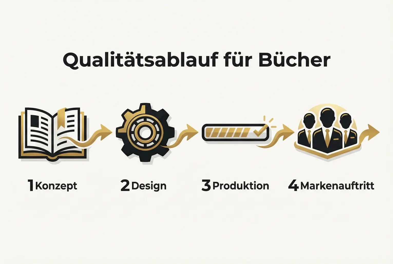Schritt-für-Schritt-Ablauf zur Umsetzung von Produktionsqualität: von Konzept über Design bis zum Markenauftritt, klar strukturiert für Entscheider.
