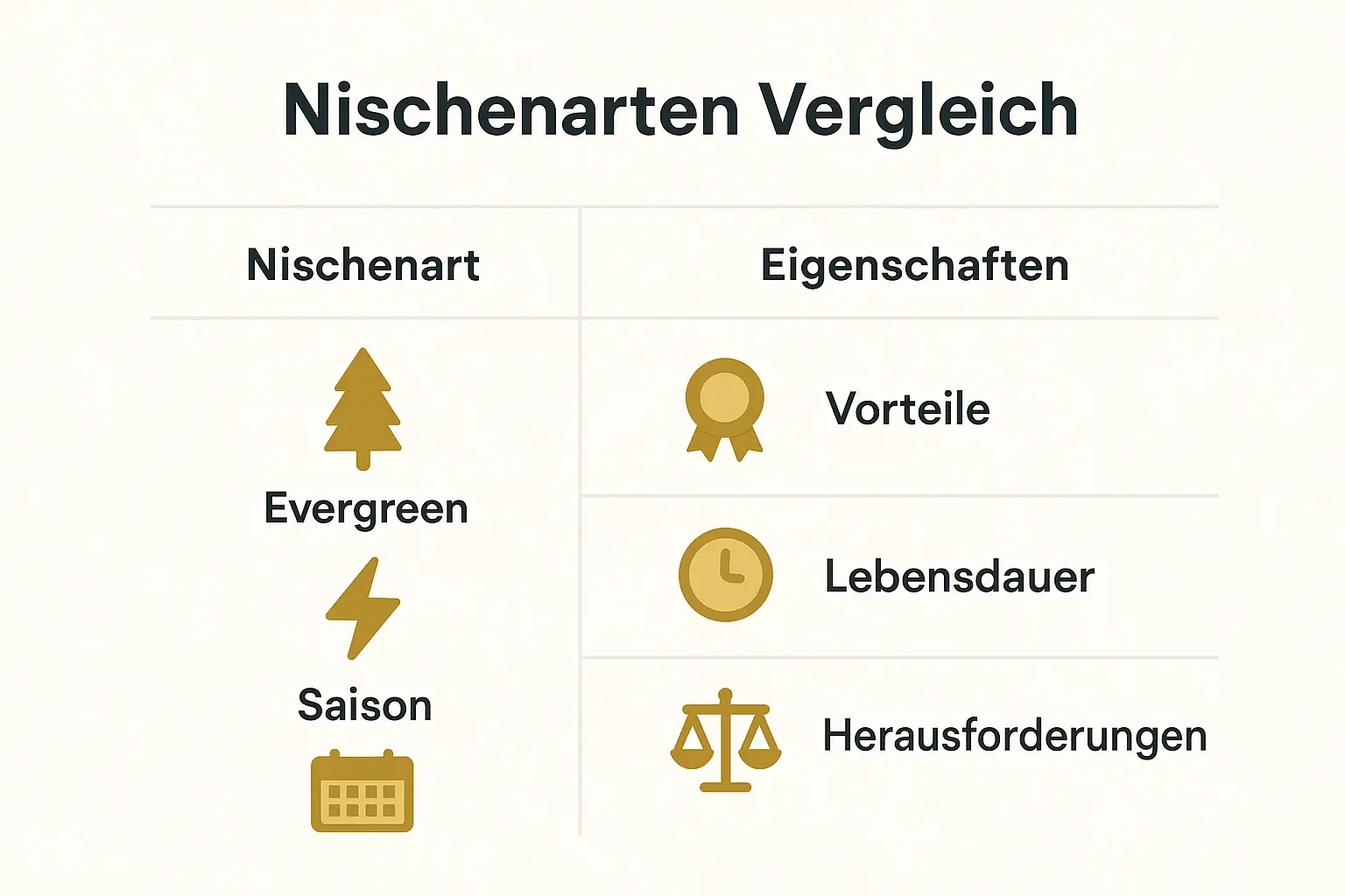 Vergleichstabelle der drei Nischentypen Evergreen, Trend und Saisonal mit ihren wichtigsten Eigenschaften und Beispielen.