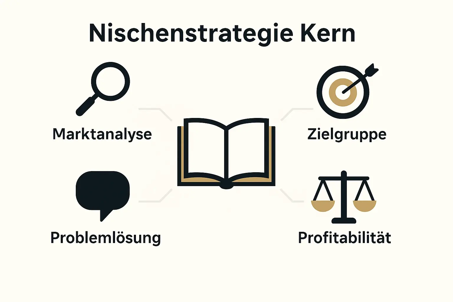 Visualisierung des Konzepts der Nischenstrategie für Unternehmerbücher mit den Faktoren Marktanalyse, Zielgruppe, Profitabilität und Problemlösung.