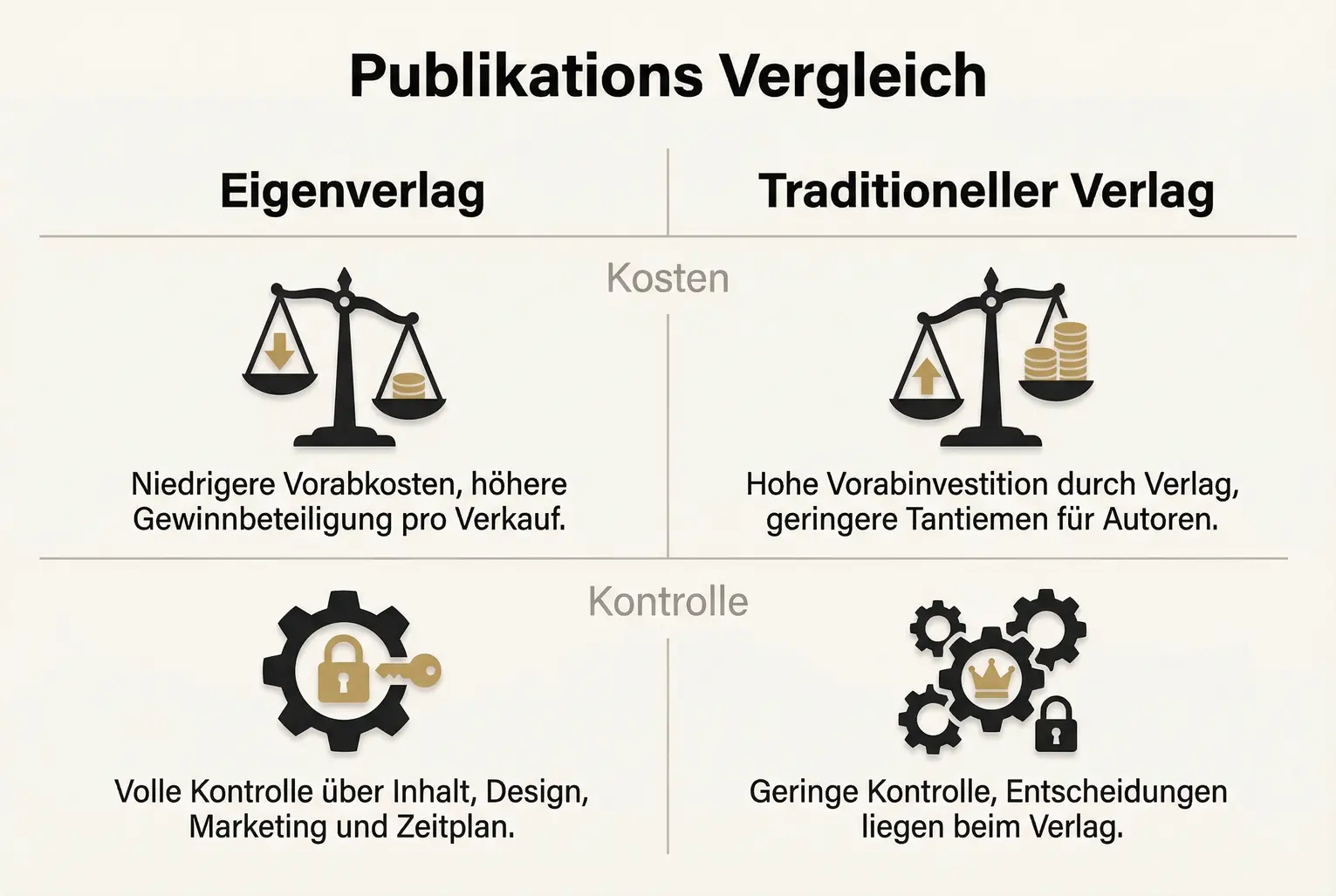 Gegenueberstellung der beiden Publikationswege: Eigenverlag vs. traditioneller Verlag, fokussiert auf Kosten und Kontrollspielraum – hilft bei strategischer Auswahl.