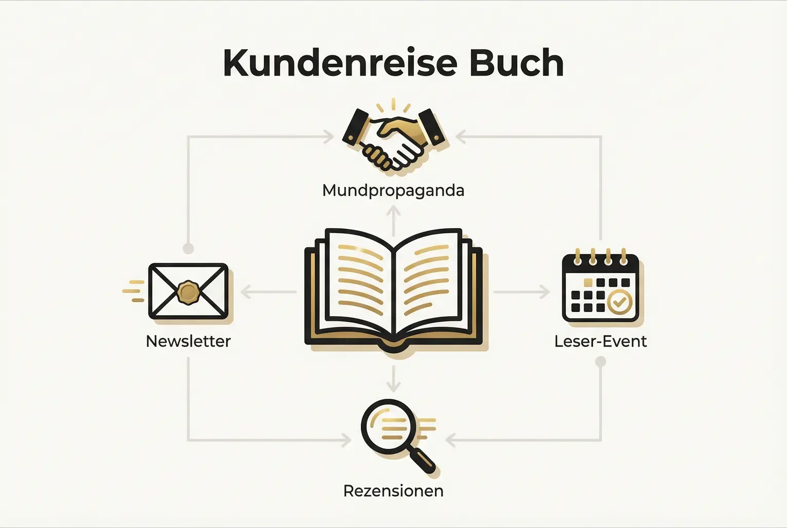 Übersicht der wichtigsten Buch-Touchpoints: Visualisiert zentrale Kontaktpunkte und hilft Autor:innen zu erkennen, welche Kanäle in einer individuellen Attributionslogik berücksichtigt werden sollten.
