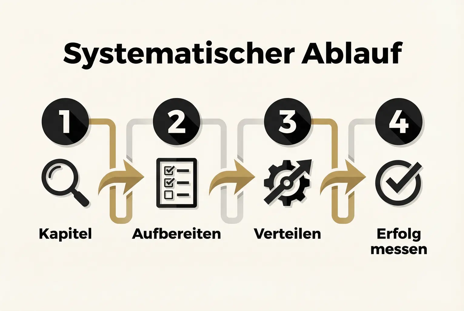 Der standardisierte Ablauf zeigt vier Schritte von der Kapitel-Auswahl bis zur Erfolgsmessung und hilft, Wiederverwendung zu systematisieren und Zeit zu sparen.
