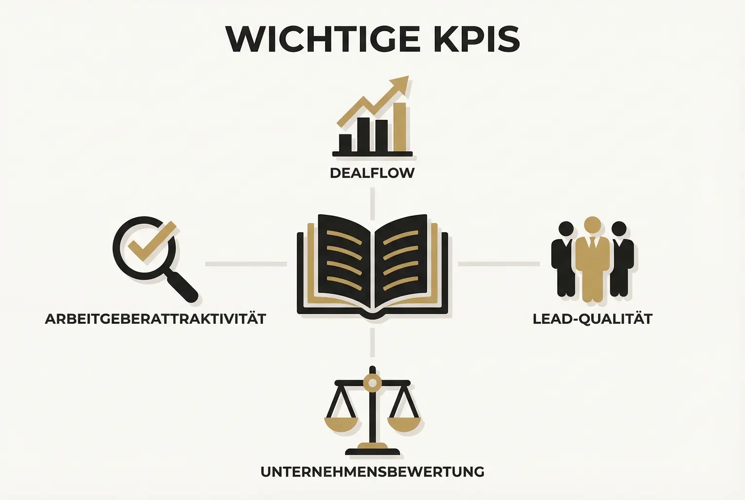 Übersichtliche Visualisierung zentraler KPIs für dein Unternehmerbuch: Dealflow, Lead-Qualität, Arbeitgeberattraktivität und Unternehmensbewertung klar dargestellt.