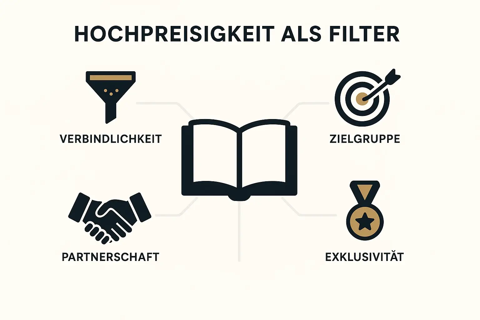Dieses Bild visualisiert, wie ein hoher Buchpreis als Qualifikationsfilter wirkt und die Exklusivität sowie Verbindlichkeit gegenüber Top-Partnern und Investoren signalisiert.