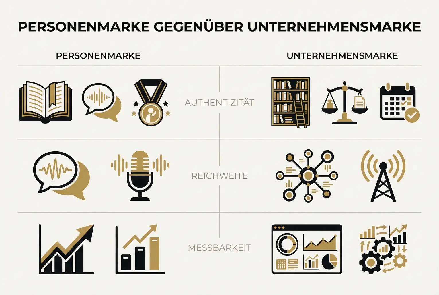 Kompakter Vergleich: welche Stärken Personen- und Unternehmensmarke jeweils liefern. Hilft bei strategischer Entscheidung und Priorisierung von Maßnahmen.