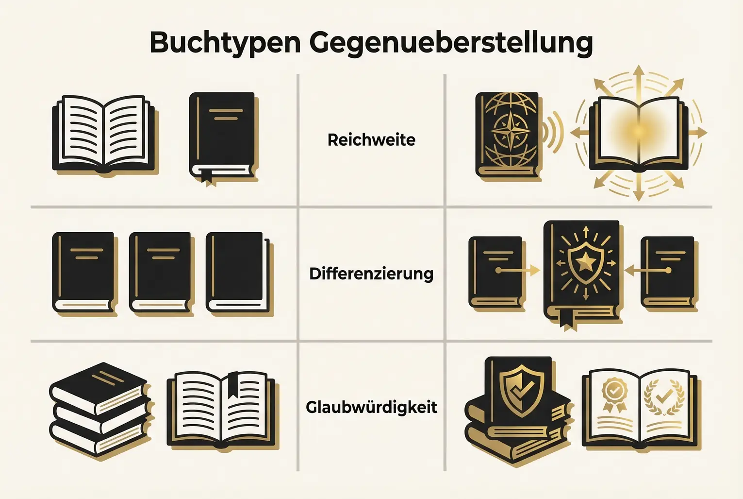 Dieses Vergleichsraster zeigt klar, wie ein Manifest-Buch konventionelle Bücher in Reichweite, Differenzierung und Glaubwürdigkeit übertrifft—entscheidend für die Auswahl einer Category-Ownership-Strategie.