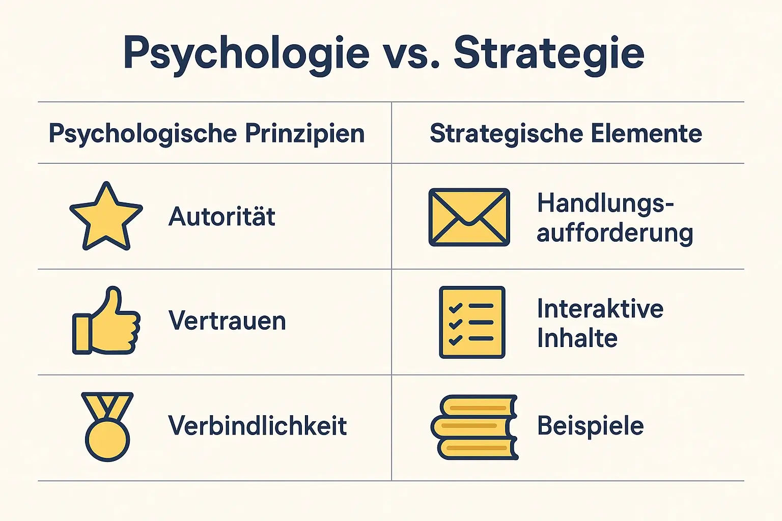 Diese Vergleichsgrafik zeigt, wie psychologische Prinzipien und strategische Elemente innerhalb von Buchinhalten zusammenwirken, um Leser in hochqualifizierte Interessenten zu verwandeln.