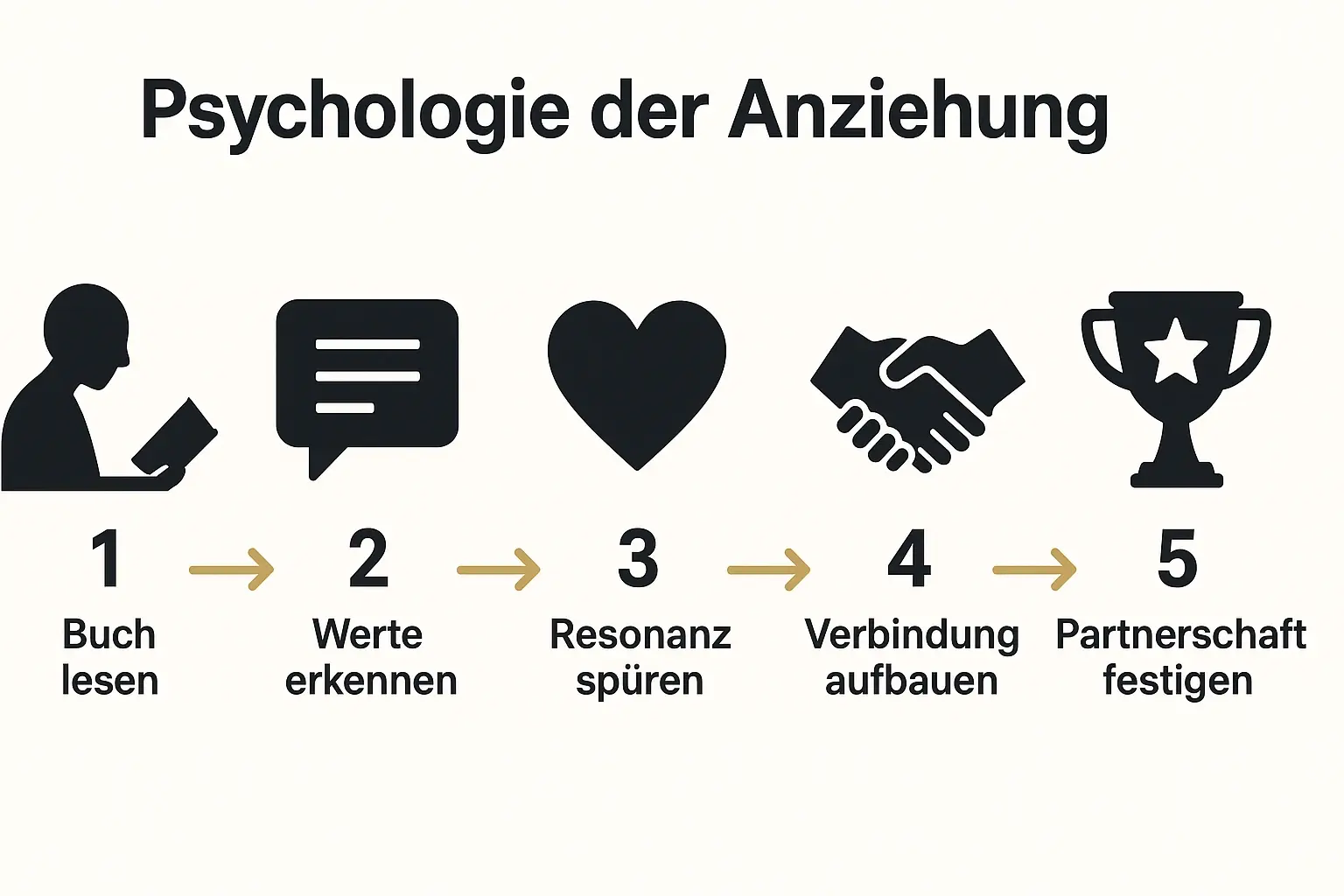 Fünf psychologische Schritte, wie ein Buch die Werte-Anziehung erzeugt und langfristige Partnerschaften ermöglicht.