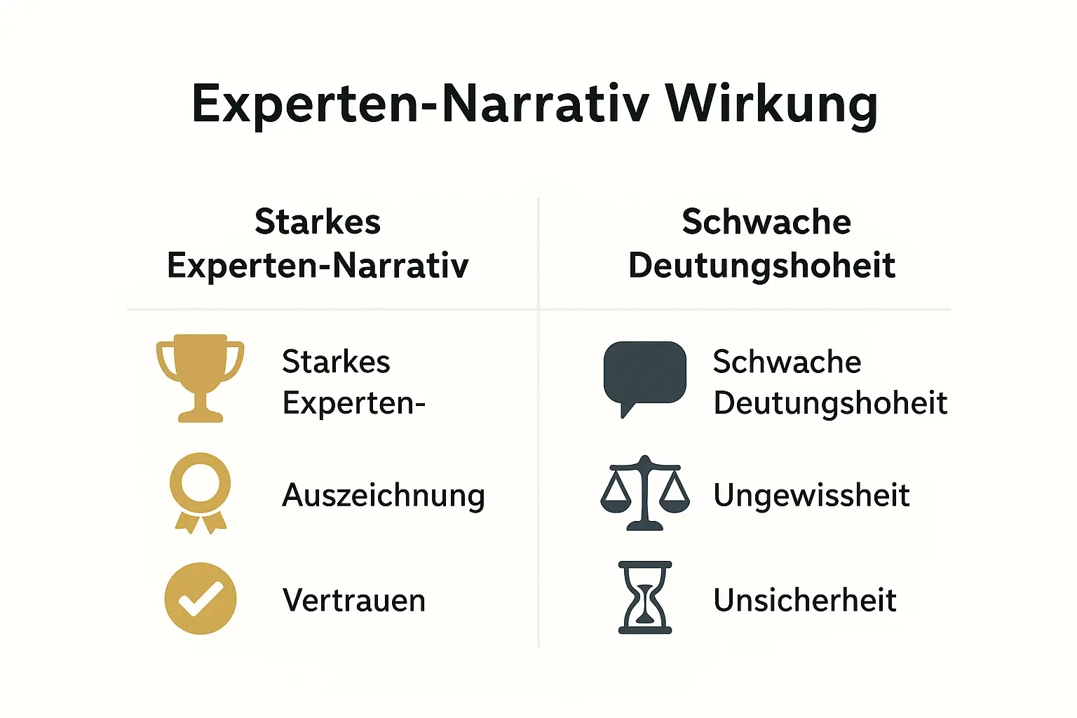 Das Bild veranschaulicht die Unterschiede zwischen einem starken Experten-Narrativ und mangelnder Deutungshoheit im digitalen Raum.