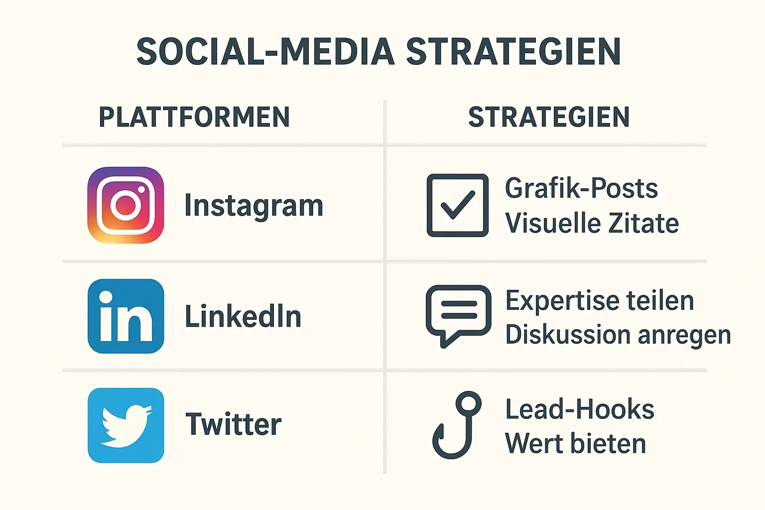 Dieses Bild zeigt unterschiedliche Social-Media-Plattformen und die passenden Strategien zur Nutzung von Buchzitaten und Schlüsselkonzepten inklusive diskreter Lead-Hooks.