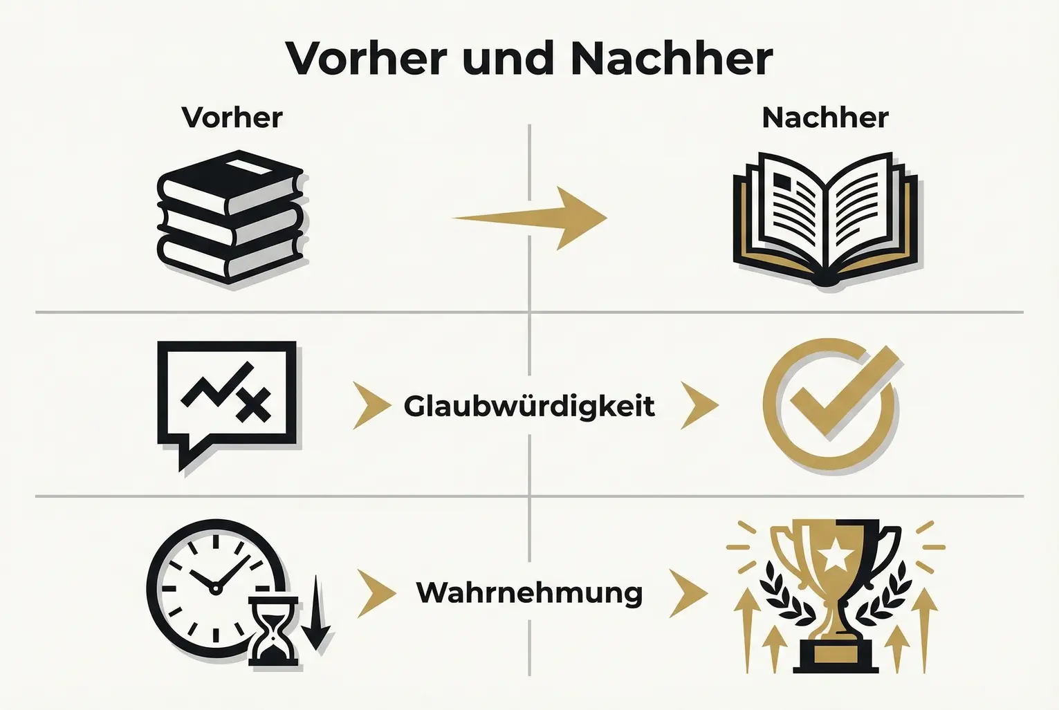 Konkrete Vorher‑/Nachher-Visualisierungen illustrieren, wie ein Buch öffentliche Wahrnehmung, Glaubwürdigkeit und messbare Ergebnisse positiv verändert.