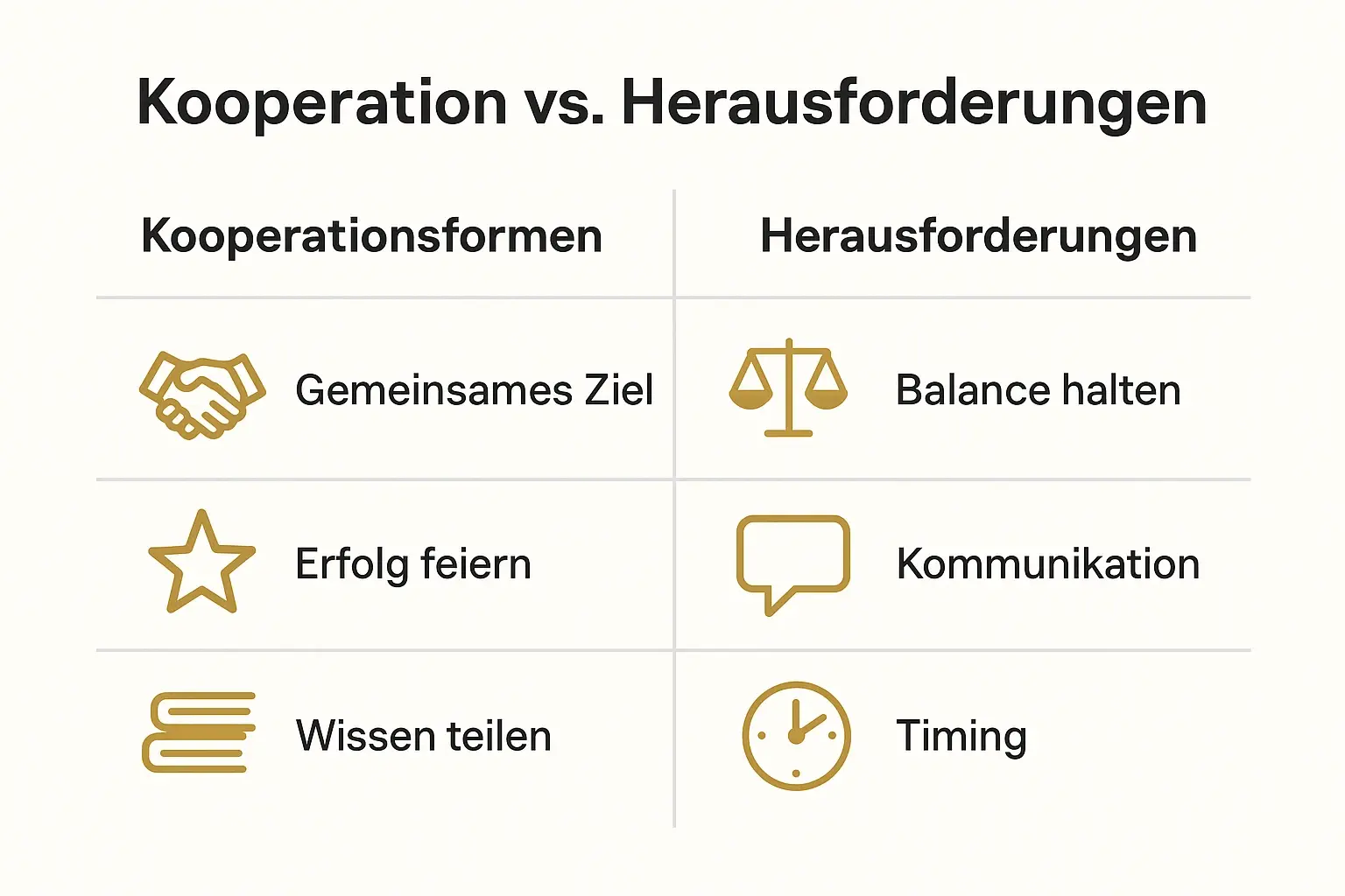 Eine Grafik, die verschiedene Arten von geschäftlichen Kooperationen darstellt und deren jeweilige Vorteile und Herausforderungen aufzeigt.