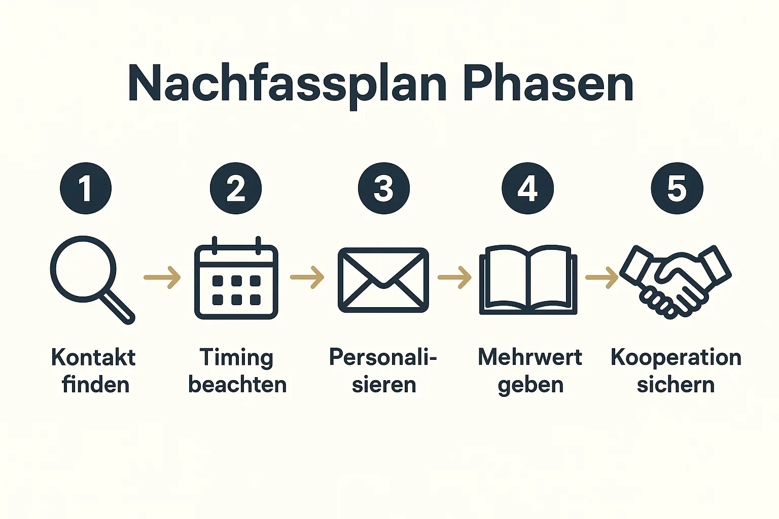 Eine Infografik, die den strategischen Nachfassprozess von der ersten Kontaktaufnahme über die Pflege der Beziehung bis zur erfolgreichen Kooperation darstellt.