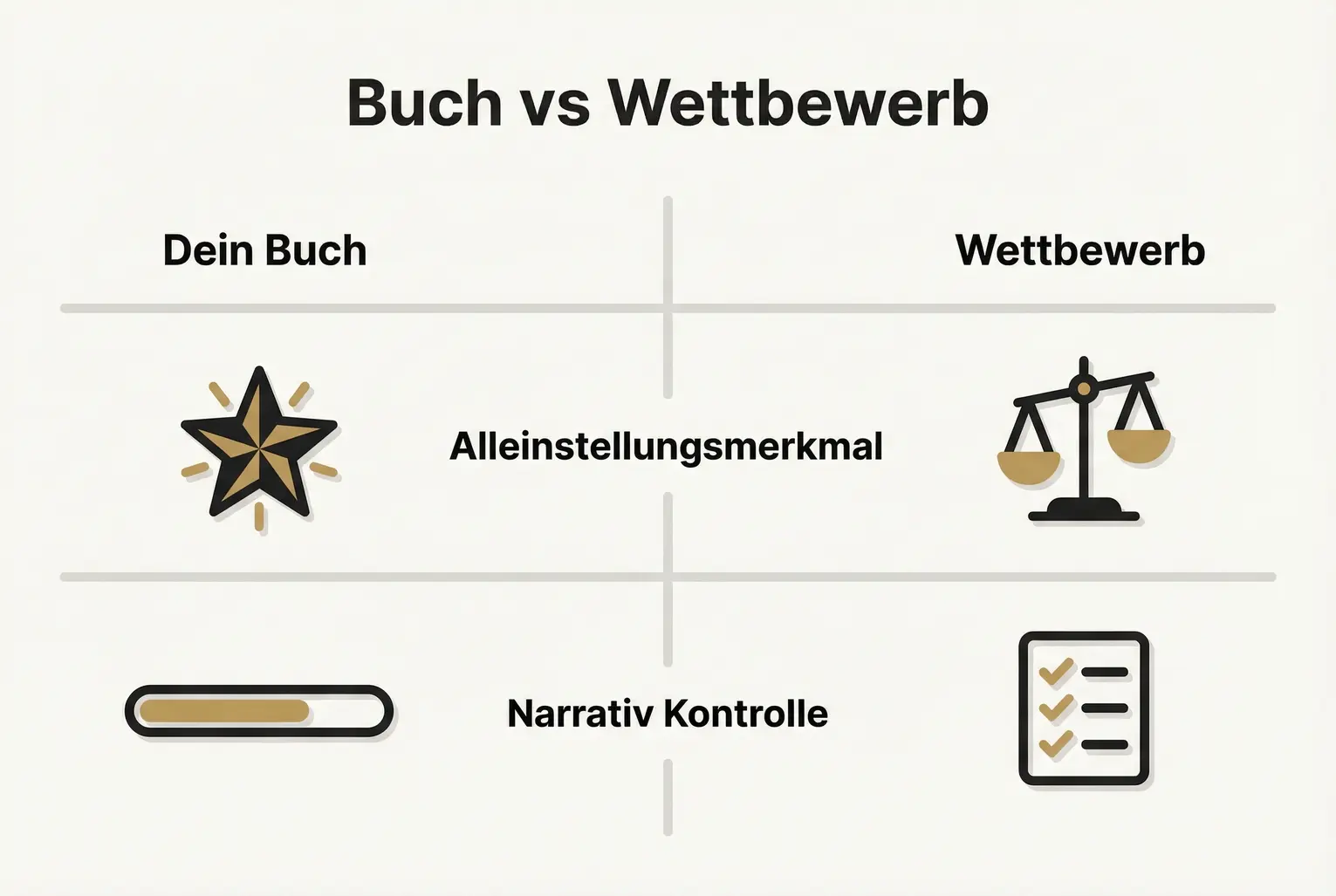 Konkreter Vergleich, der Autoren hilft, ihre Stärken gegenüber Wettbewerbern zu erkennen: Fokus auf Einzigartigkeit und Kontrolle über das Narrativ.