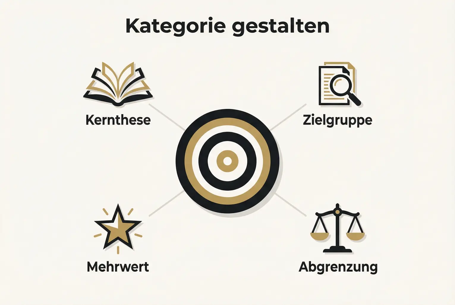 Visualisiert Category Design für Autoren: zentrale These als Zielscheibe, vier unterstützende Säulen erklären Positionierung und Differenzierung.